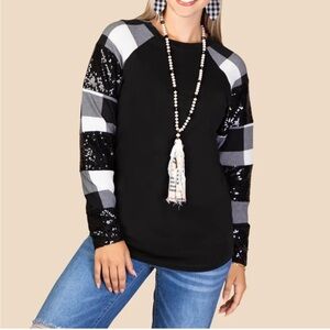 Black and Gray Sequin Sleeve Women's Top